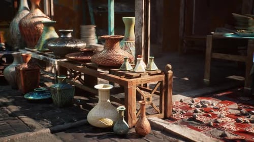 Artisan Pottery Display with Slow Camera Pan