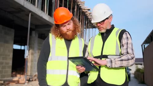 Male civil engineer and building architect use tablet computer on city construction site