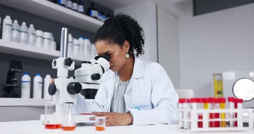 Scientist, woman and microscope with analysis, science experiment and biotechnology with chemistry