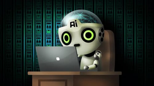 Cute AI Robot Working on Laptop in Data Center
