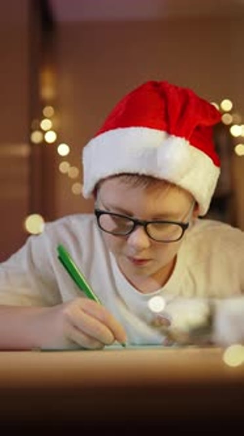 Child Wearing Glasses Writes Letter to Santa Vertical Video
