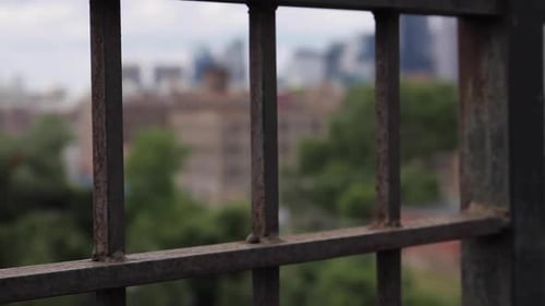 Chicago Skyline in Background of Metal Fence