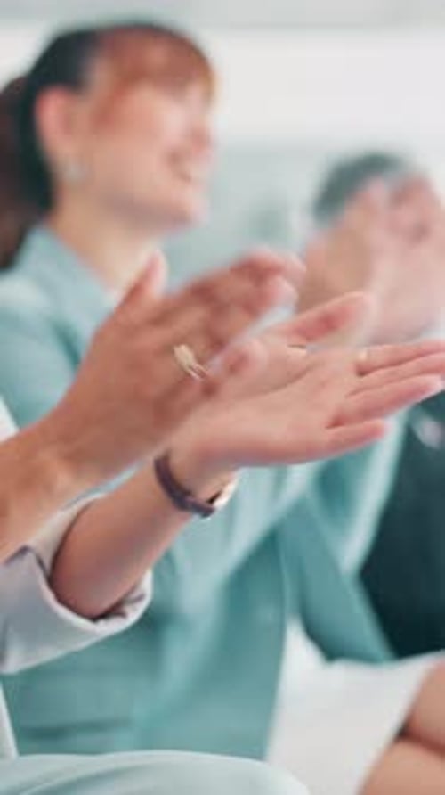 Business people, hands or meeting with applause for seminar, workshop or presentation at office