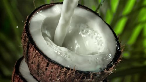 Milk is Poured Into Half a Coconut with a Splash Filmed on a Highspeed Camera at 1000 Fps
