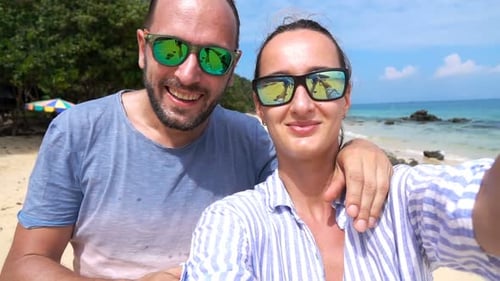Happy Couple Selfie Slow Motion Beach