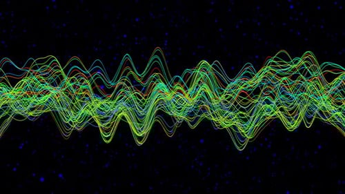 Kurvenlinien, wellenförmiges Netz, bewegte Partikel, geometrischer Hintergrund. Animierter Bandstoff Seide 4k