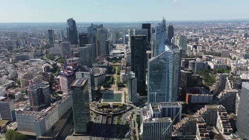 Modern La Defense Parisian business financial district in Paris, France. Aerial drone orbiting