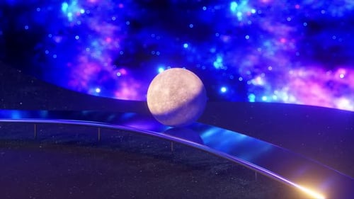 The Ball of Moon Smoothly Rolls Along the Wavy Chrome Surface on a Fantastic Space Neon Blue Purple