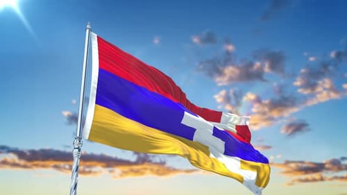 Armenia National Flag Waving with Realistic Fabric in Blue Sky