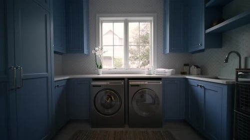 Push in shot of blue laundry room with orchid plant by window