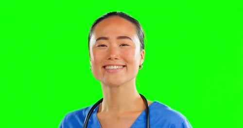 Face, Asian woman and doctor with green screen, healthcare and success with career and job