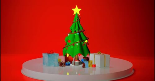 Festive 3D Christmas Tree and Gifts on Rotating Platform