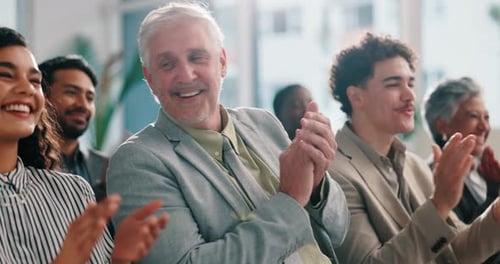 Clapping, success and mature business man in audience for meeting, workshop and deal