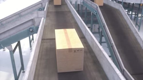 Cardboard boxes on a conveyor belt in a warehouse. Modern logistics warehouse with working conveyor