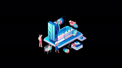 People shopping in a colorful virtual store setting.