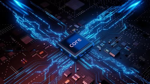 Futuristic AI: CPU Activation and Energy Pulse Expansion on Motherboard