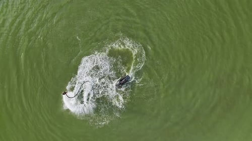 Vista aérea: diversión en moto de agua y vuelo en flyboard, espectáculo junto al mar