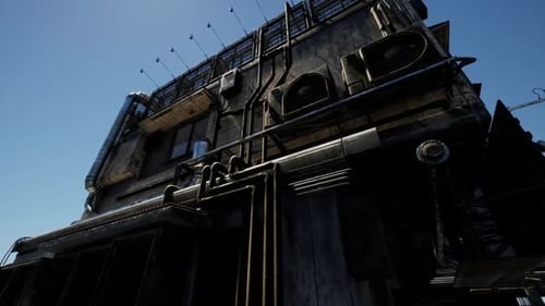 Industrial Building with Exposed Piping Under Clear Blue Sky
