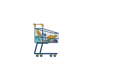 Rolling shopping cart filled with groceries 2D cartoon object animation