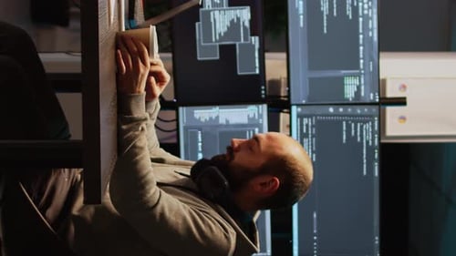 Vertical Video Software Developer Typing Source Code on Laptop and Multiple Monitors