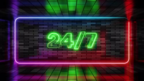 Glowing 24/7 Neon Sign Animation on Brick Wall