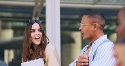 Education, walking people and group talking about university news, college gossip