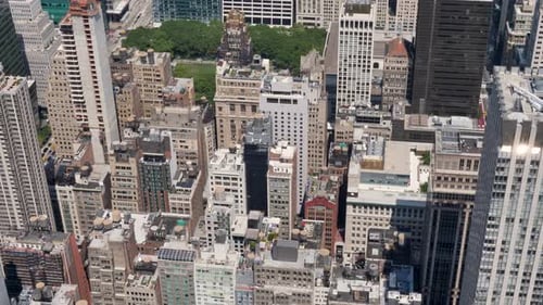 Slow motion landscape of New York City Manhattan buildings skyline skyscrapers rooftops CBD towers b