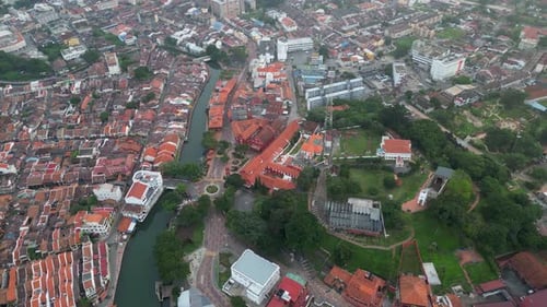 Aerial Melaka town view with a river running through it