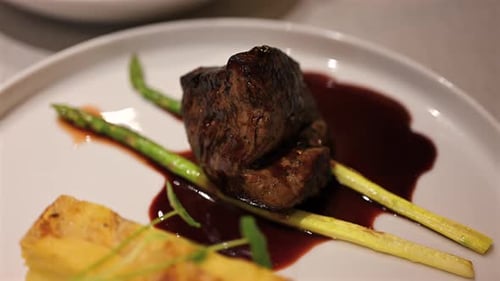 Elegant restaurant plate with grilled meat, vegetables and dark sauce presentation