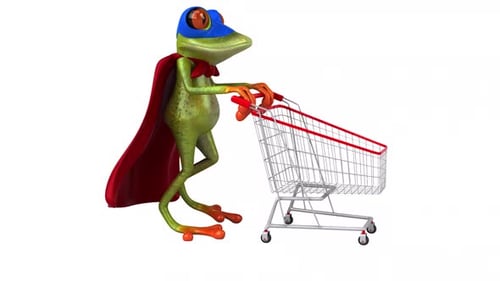 Lustige 3D-Cartoon-Animation vom Frosch-Superhelden-Shopping