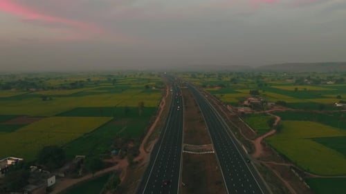 Aerial view of fields and highway, India.
