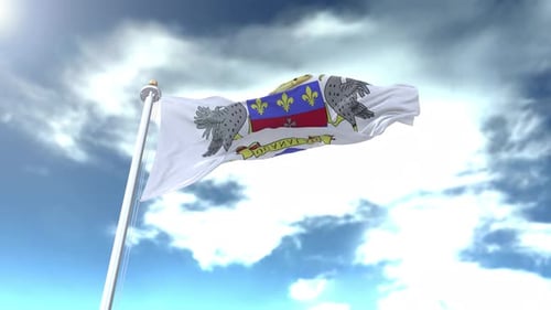Realistic Waving Flag with Coat of Arms Against Blue Sky