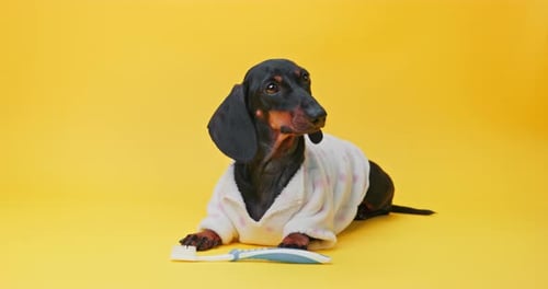 Adorable Dachshund Dog in Robe with Toothbrush