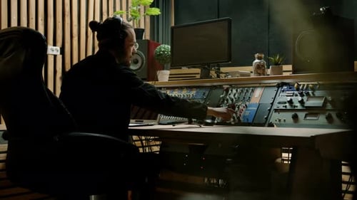 young sound engineer with headphones working in a music studio with monitors and an equalizer
