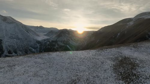 Aerial view of Majestic landscape of the Caucasus mountains at sunset.
