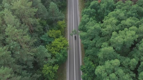 Aerial Shot to Biker Riding on Motorbike Through Forest Road