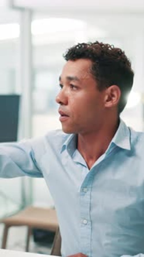 Man, programmer or problem solving with interactive display for UI design or UX at office