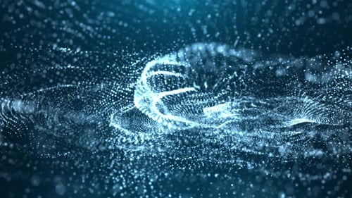 Abstract glowing wave from of particles and dots moves on a blue background, big data visualization