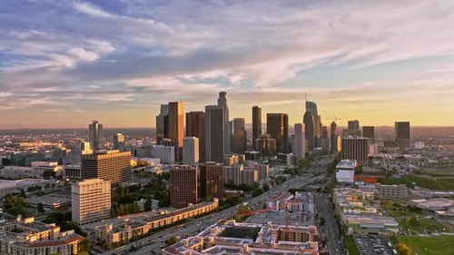 Dramatic Sky Above LA Skyline Los Angeles Downtown Aerial Panorama Aerial Shot Over Los Angeles