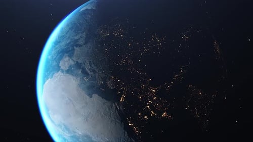 Rotating Planet Earth with Glowing City Lights from Space