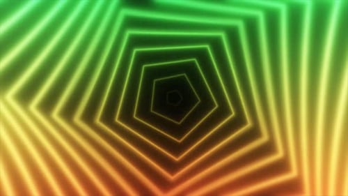 Abstract glowing neon pentagons swirling green and yellow lines energy futuristic