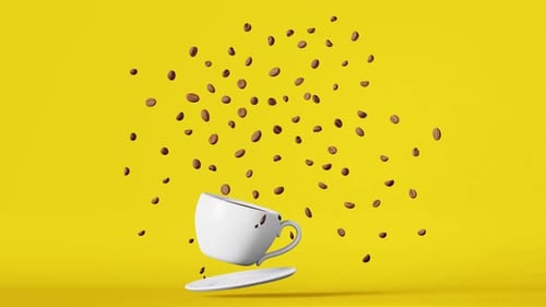 Floating porcelain coffee cup flying beans explosion 3D animation loop yellow Hot drink sale design