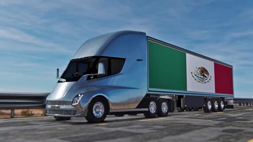 Semi Truck On The Endless Road And Mexico Flag