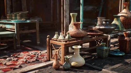 Artisanal Pottery and Vases in a Traditional Market Scene