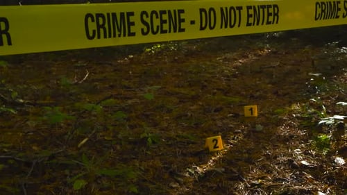 Police line Crime Scene tape in front of a sunny forest area where crime markers next to evidence.