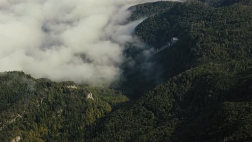 Wide angle aerial view. Mist partially covering power substation and trees
