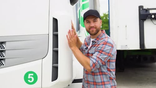 Trucker Hugging His Truck Vehicle for Transportation Happy Caucasian Truck Driver Loving His Job
