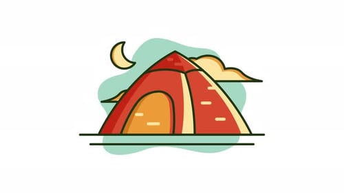 Minimalist Camping Tent Animation with Moon and Clouds