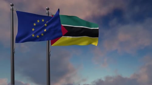 European Union and Mozambique Flags Waving on Flagpoles
