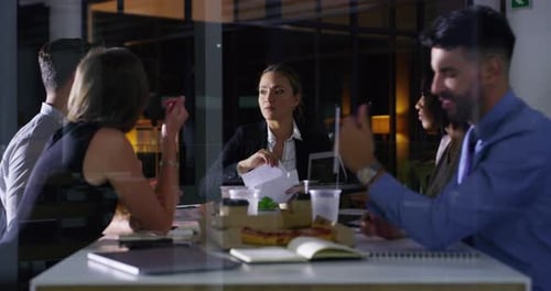 Office, documents and business people in discussion with food for planning